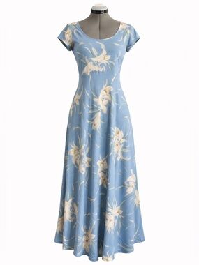 Chaps Blue Floral Maxi Dress XL Lily Print Flowy Short Sleeve Summer